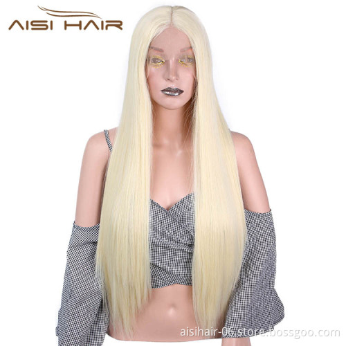 Aisi Hair Long Silky Straight Blonde Wig Heat Synthetic Resistant Fiber Lace Front Wig Middle Part Lace Frontal Wigs For Women
